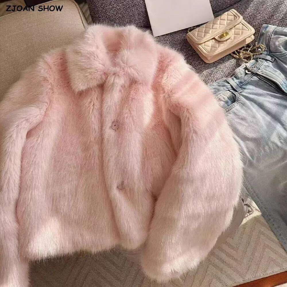Winter CUTE Pink Turn down Lapel Hairy Shaggy Faux Fur Coat Women Covered Buttons Full Sleeve Furry Warm Jacket Short Outerwear