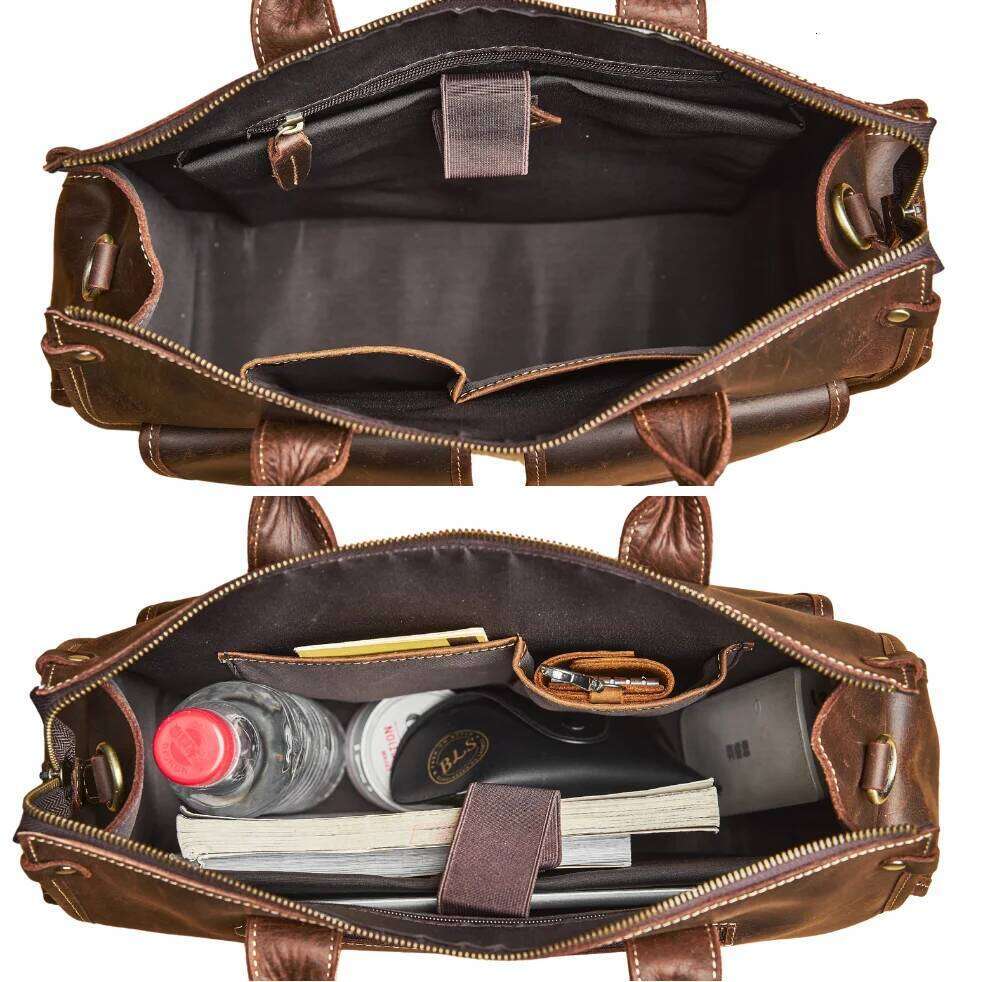 NUPUGOO Vintage Genuine Men's Briefcase Crossbody Bag Crazy Horse Leather Handbag With 16-Inch Laptop