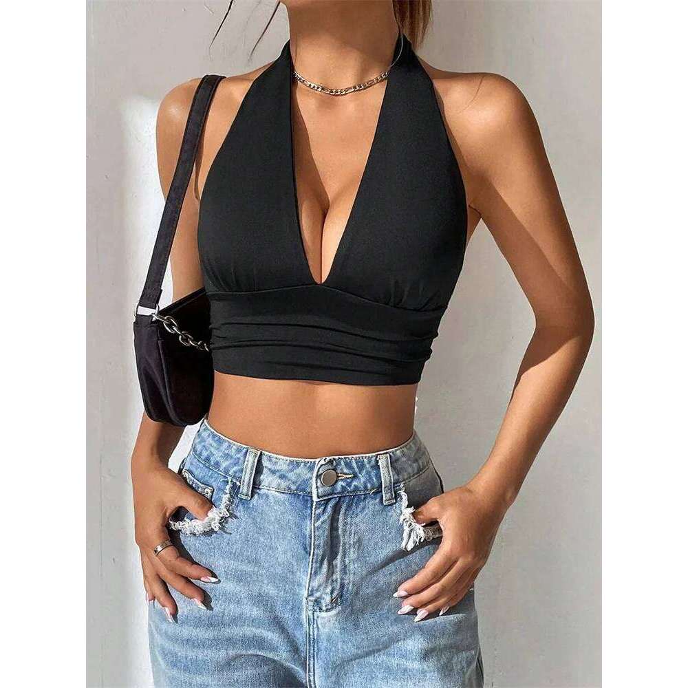 Sleeveless Backless Deep V-Neck Halter Top Women Summer 2024 Club Party Sexy Solid Color Crop Tops Streetwear Y2k Clothes