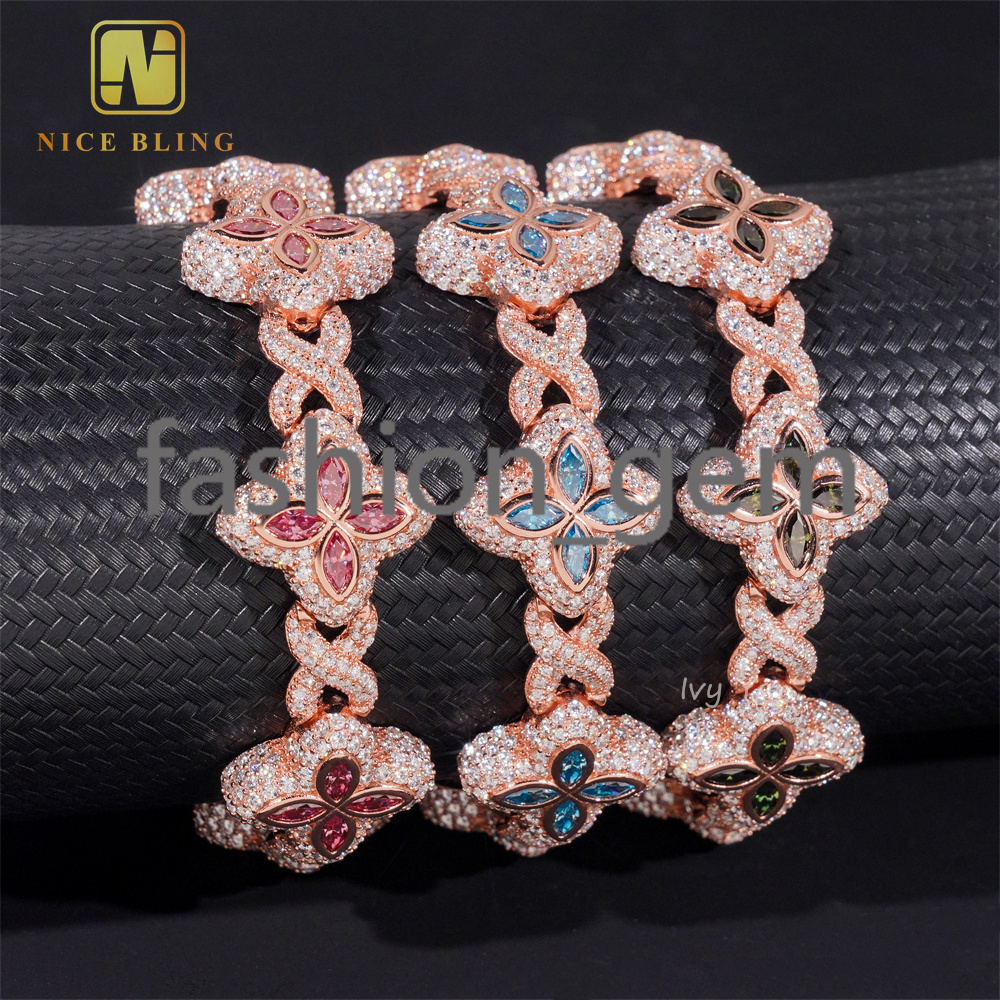 Rich Color Luxury Flower Design 18mm Custom Iced Out Hip Hop Unisex Jewelry Cuban Link Chain 925 Silver VVS Moissanite Bracelet