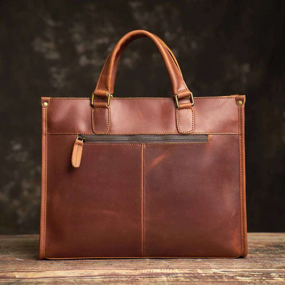 Vintage Men's Briefcase Genuine Leather Casual Trend Handbag High Capacity Shoulder Bag Zipper Pockte For 14 Inch Laptop NUPUGOO