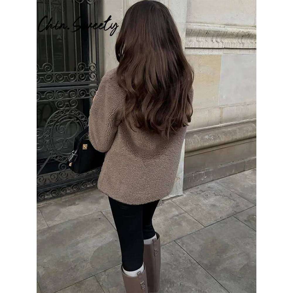 Vintage Lamb Solid Women Coat Casual Full Sleeve Single Breasted Pocket Lady Jacket 2025 Spring Autumn Patchwork Female Overcoat