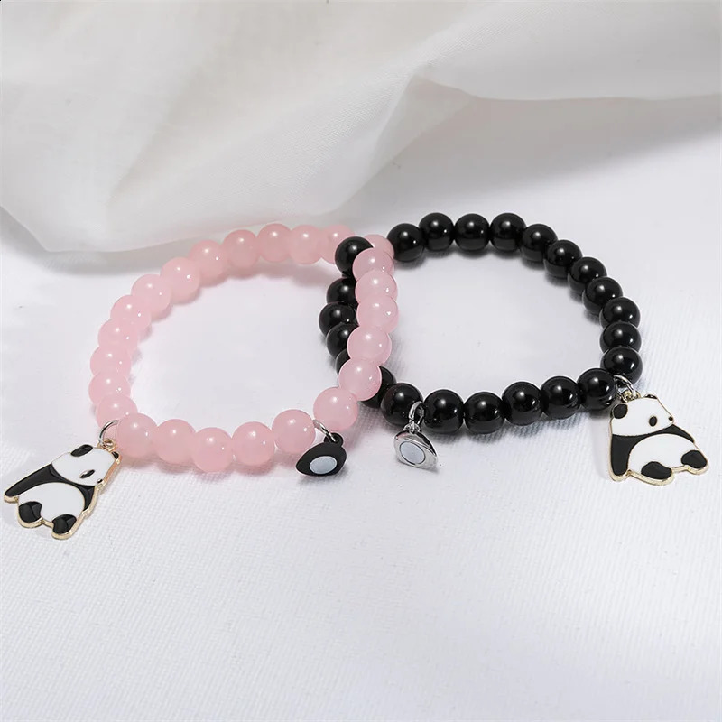 2pcsset Cute Panda Charms Bracelet Black Pink Glass Crystal Beads Set Handmade Hand String Women Summer Fashion Jewelr 250613