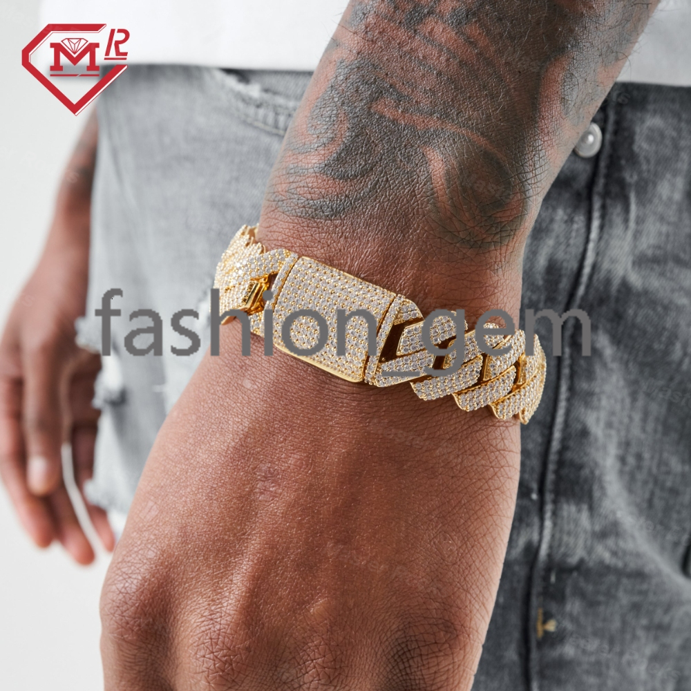 High End Custom Prong Setting Vvs Diamond Bracelet 19mm 3rows 925 Sterling Silver Moissanite Cuban Link Bracelet