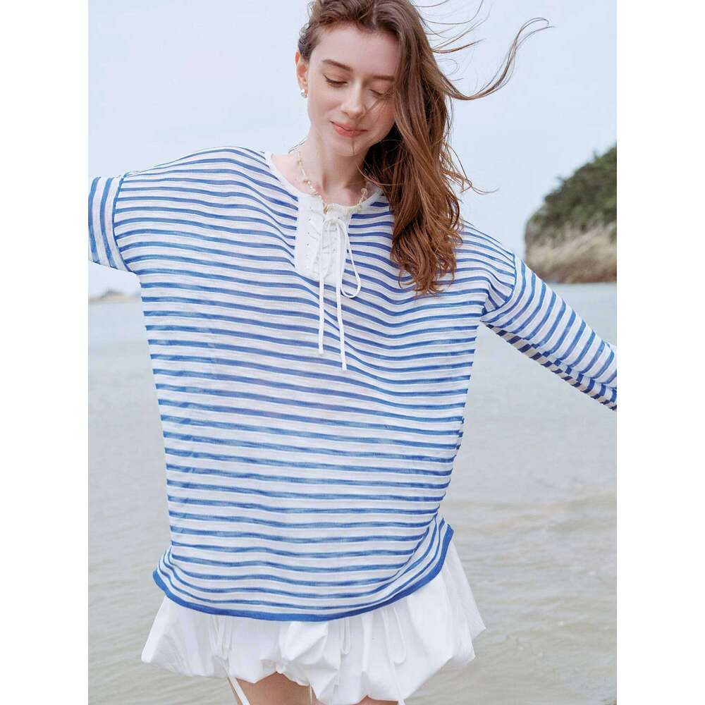 FSLE French Elegant Holiday Striped Shirt For Women 2025 Summer Sailing Sunscreen Breathable Long-sleeved T-shirt Top 25FS12847