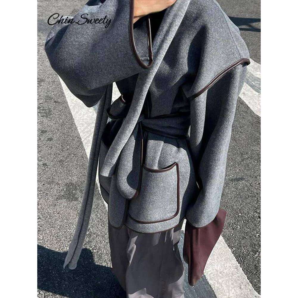 Elegant Patchwork Belt Women's Coats Women Contrast V-neck Long Sleeve Pocket Female Overcoats 2024 Autumn Lady New in Outwear