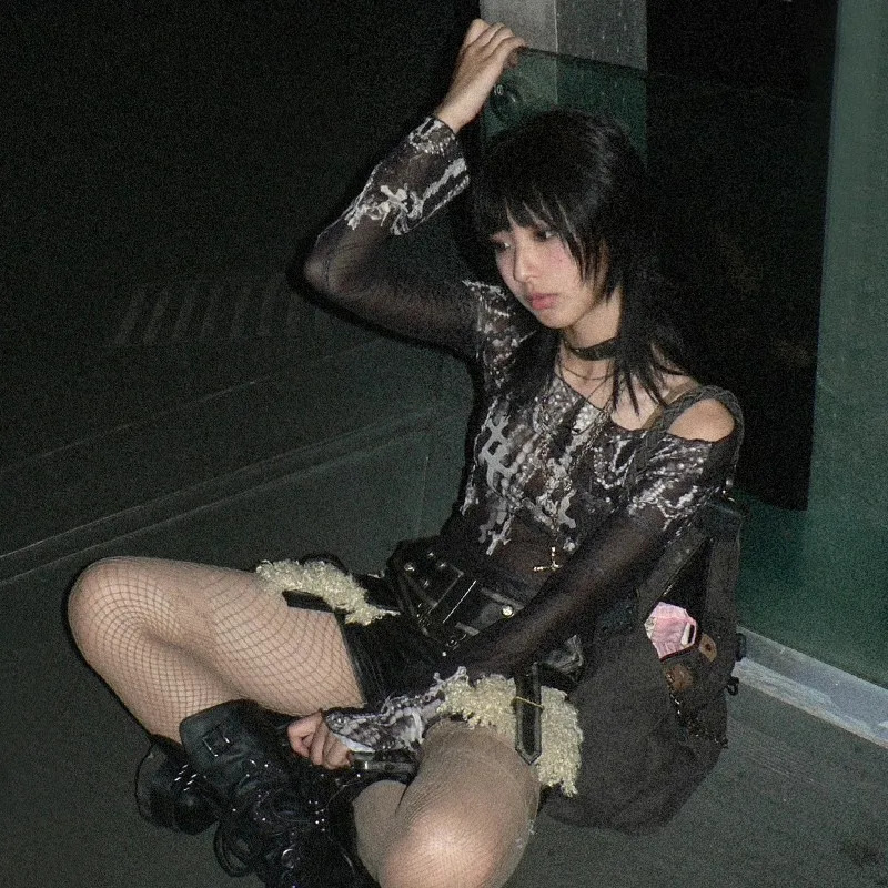 Karrram Grunge Aesthetics Mesh Tops Japanese Y2k Tattoo Print Sheer Tops Vintage Harajuku See Through Long Sleeve T-shirt Gothic 250618