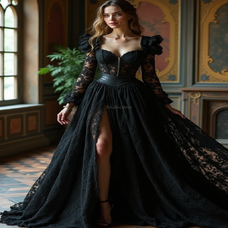 Victorian Renaissance Black Lace Prom Dress With Slit Sorceress Mystic Evening Dress 2025 A Line Gothic Formal Party Bespoke Occasion Vestio De Novias