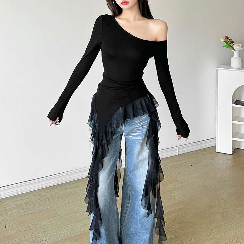 Autumn New Women's Solid Color Slim Fit Street Fashion Asymmetric Neck Long Sleeve Top B5