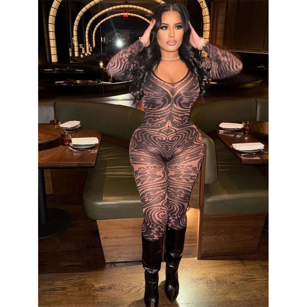 New Fashion Versatile Deep V Print Stretch Slim Sexy Jumpsuit Women's Clothing B5