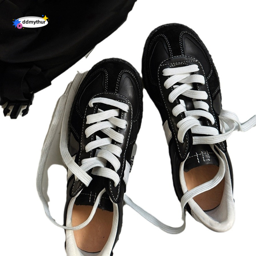 2024 Niche Black German Training for Women Thick Sole Round Toe Lace-up Genuine Leather Sports Casual Shoes Sneakers ddmythur