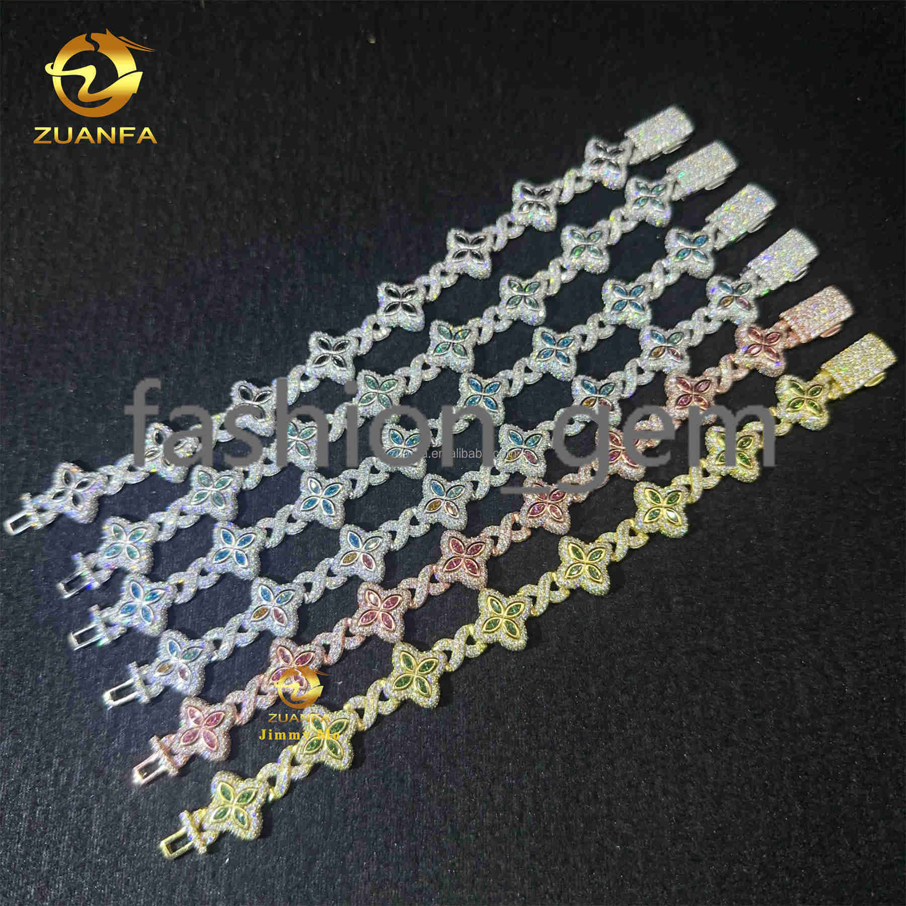 Bulk Stock New Design 15mm Marquise Flower Design Hip Hop Jewelry Iced Out Moissanite Diamond Infinity Cuban Link Bracelet Men