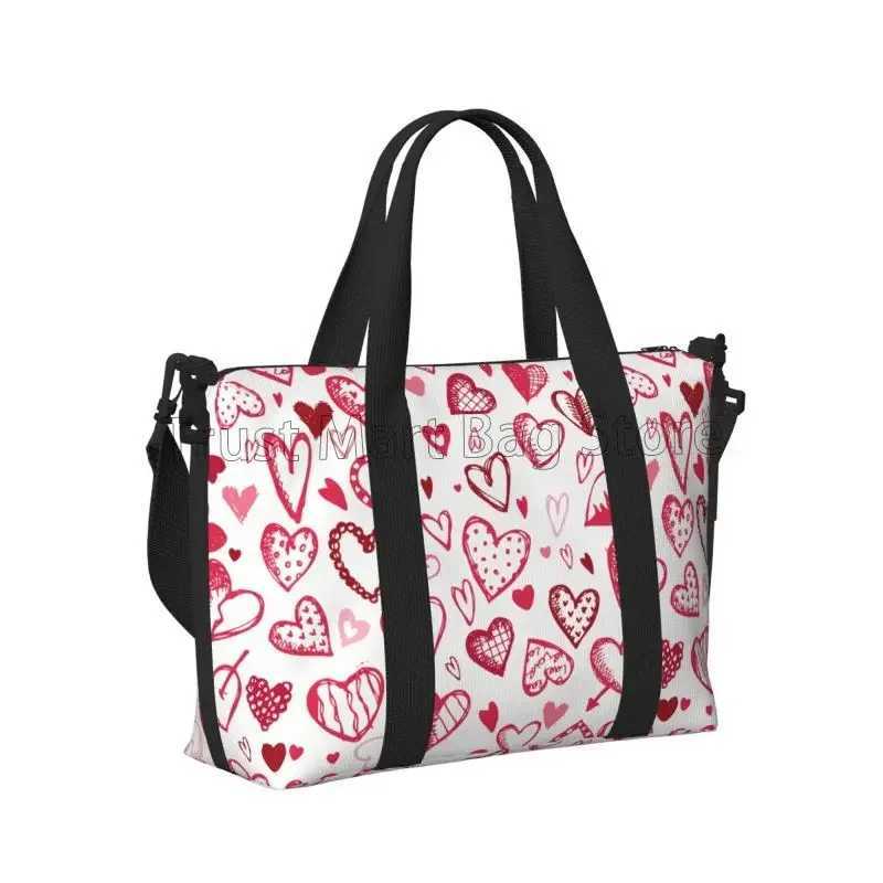 Red Love Hearts Pattern Travel Duffel Bag for Women Workout Weekender Overnight Bags Large Capacity Waterproof Luggage Handbag W250618