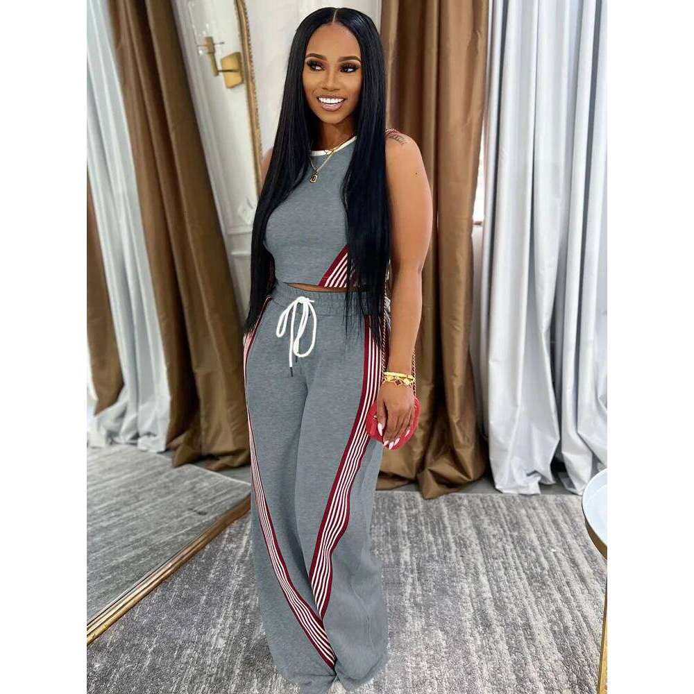 Wear Kricesseen Casual Striped Crop Top And Jogger 2 Piece Outfits Summer Women Tracksuits Set Workout Overalls Sportywear