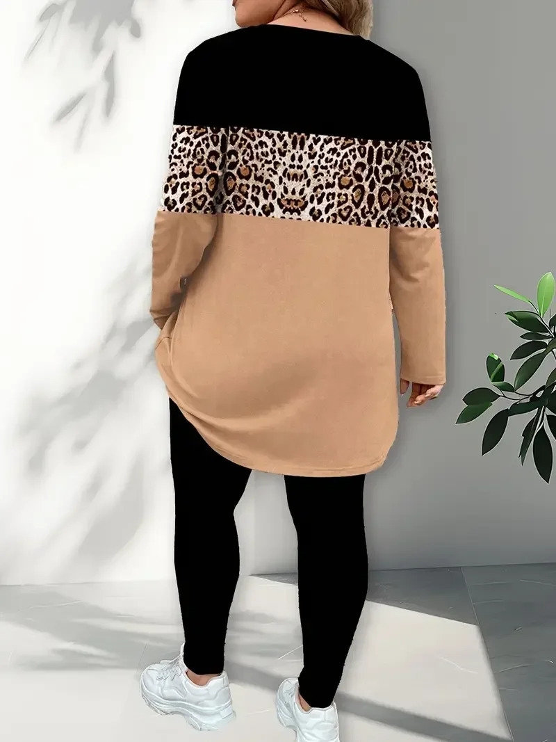 Plus Size 1XL5XL Womens Fashion Leopard Print Casual Long Sleeve Two Piece Set Outfit Ladies Contrast Color Tops and Pants 250609