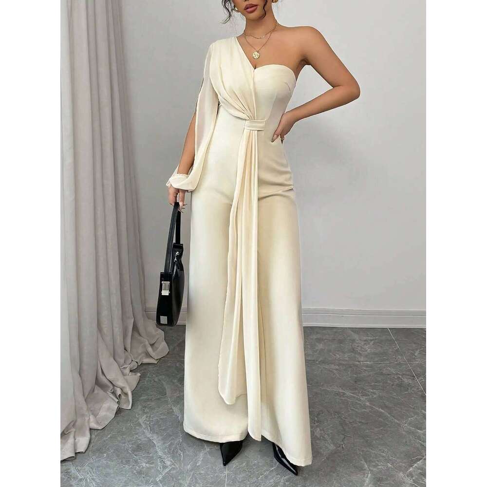 Wear Elegant One-Shoulder Single Long-Sleeved Half Strapless Half-Backed Half-Edged Chiffon Spring And Summer Ladies Jumpsuit