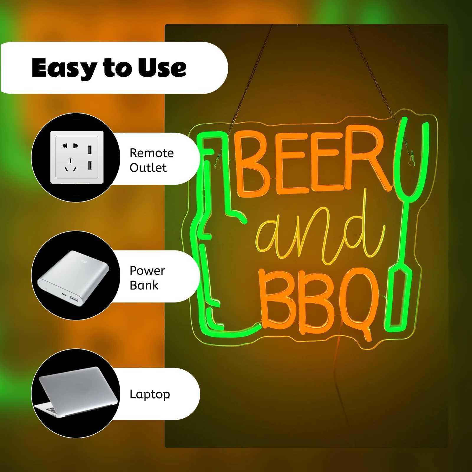 Beer and BBQ Neon Sign Dimmable LED Sign Wall Hanging Decor for Shop Signs Kitchen Dining Room Home Bar Wall Art Gifts Z250618