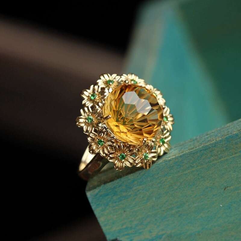 Fireworks Craft Cutting High Imitation Yellow Crystal Ice Wealth Gold Light Luxury Versatile Flower Open Ring
