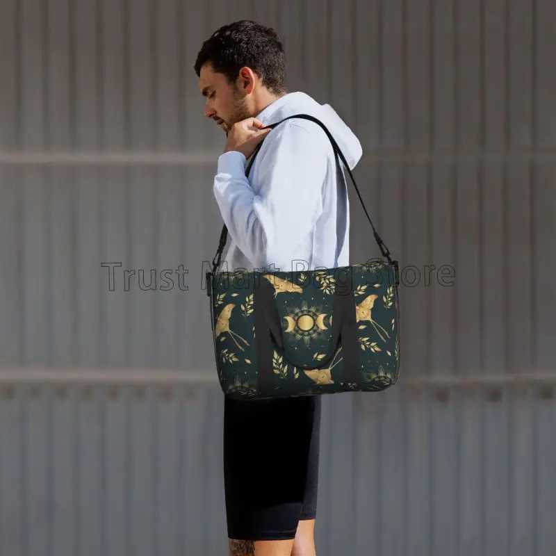 Magic Moon Moth and Moon Phases in Gold Colors Travel Duffle Bag Waterproof Weekender Overnight Tote Bag Sports Gym Yoga Bags W250618