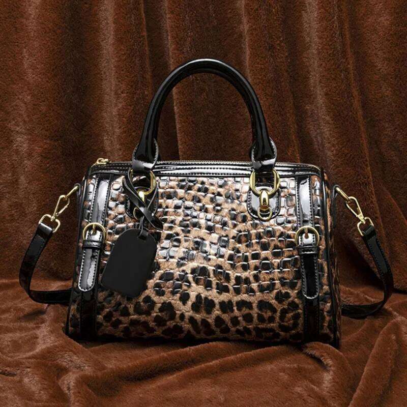 2025 New Crossbody Shoulder Leopard Print Women's Handbag Leather Large Capacity Boston Pillow Bag