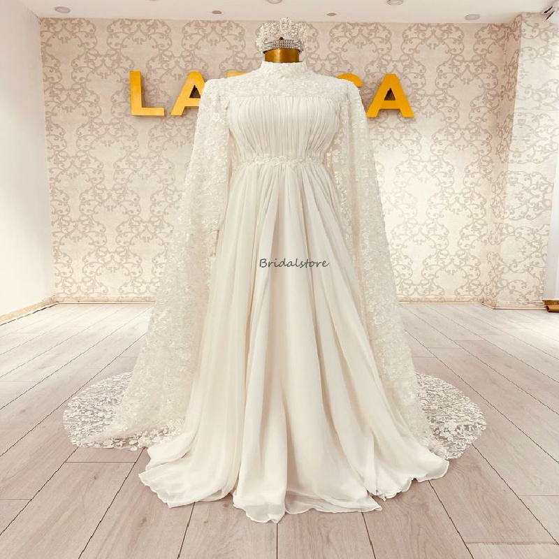 Dubai Style Muslim Wedding Dress With Lace Cape Elegant Turkish Modest Islamic Bride Dess Long Sleeve Bohemian Bridal Gown 2025 Vestido De Noiva Casam
