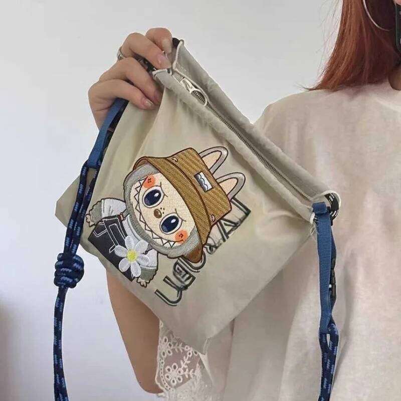 Mini Embroidered Canvas Labubu Zipper Single Shoulder Crossbody Bag Womens Portable Lightweight Mobile Phone Coin Wallet
