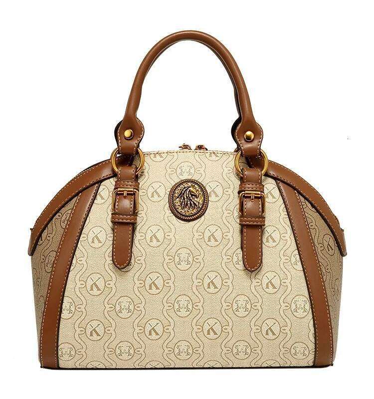 Khaki Retro Leather Women's Handbag Fashion Geometric Floral Shoulder Bag Hundred Splicing Color Collision Girls Crossbody