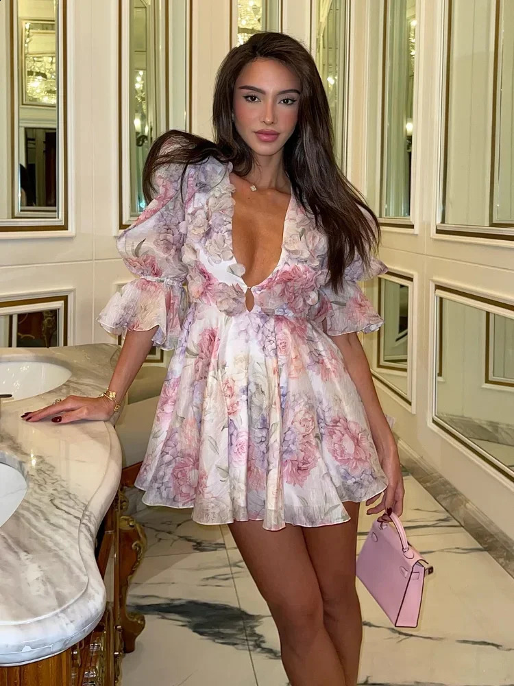 Women Chic Printed Chiffon Mini Dress Lady Sexy Deep V Neck Puff Sleeve Pleated Short Dresses Summer Evening Party Vestidos 250614