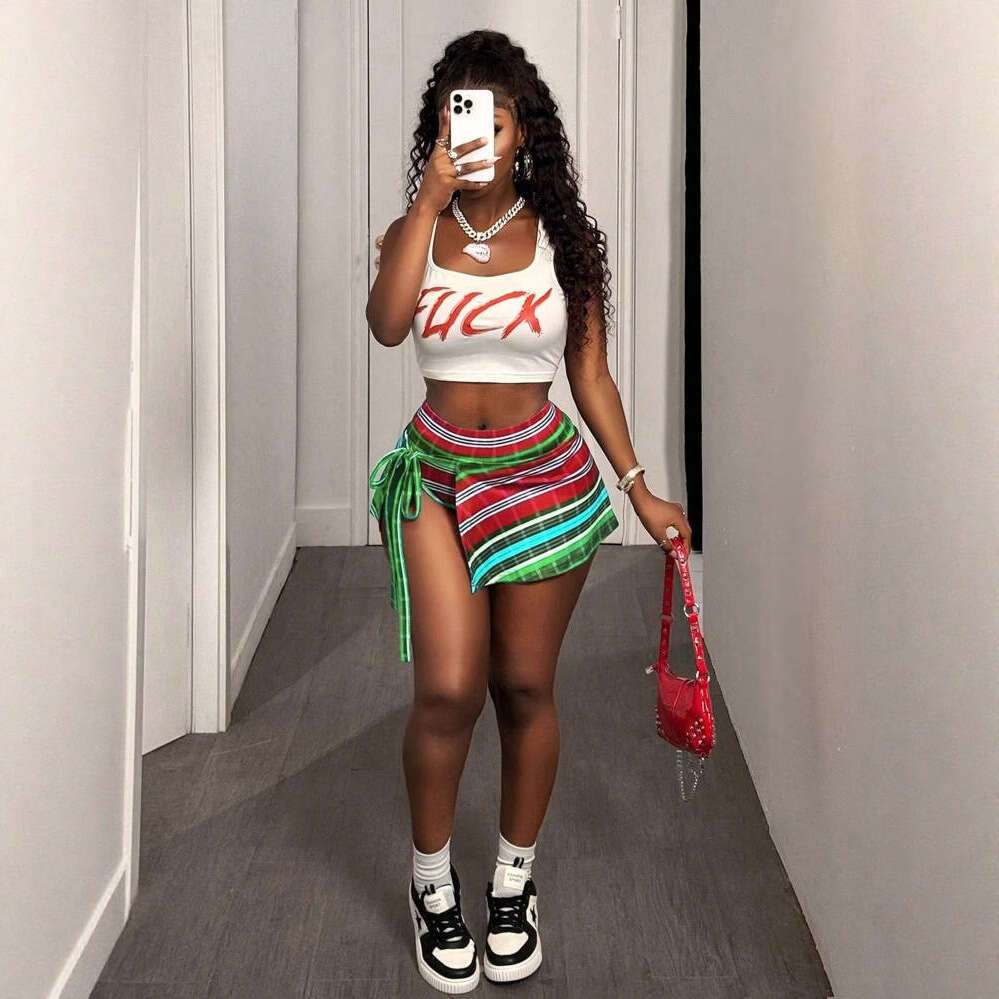 Summer New Women's Fashion Personality Trendy Patchwork Print Drawstring Waist Skirt B5