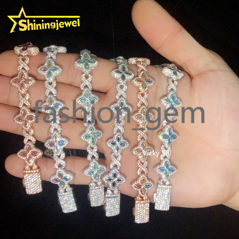 Hot Sell 15MM 925 Sterling Silver Infinity Colored Clover Moissanite Bracelet Iced Out Men Bracelet Moissanite Hip Hop Jewelry