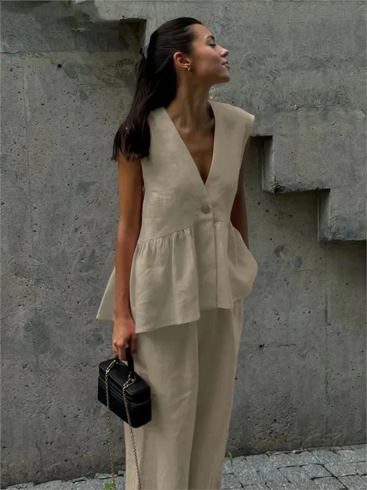 Summer Chic Womens Set Solid Color Cotton Linen Two Piece Set Fashion Ruffles Sleeveless Tank Top With Wide Pants Outfit Female 250617