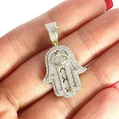 10K Gold VVS Diamond Fatima Hamsa Hand Pendant New Design Luxury Ice Good Luck Necklace with Moissanite Charms Hip Hop Style