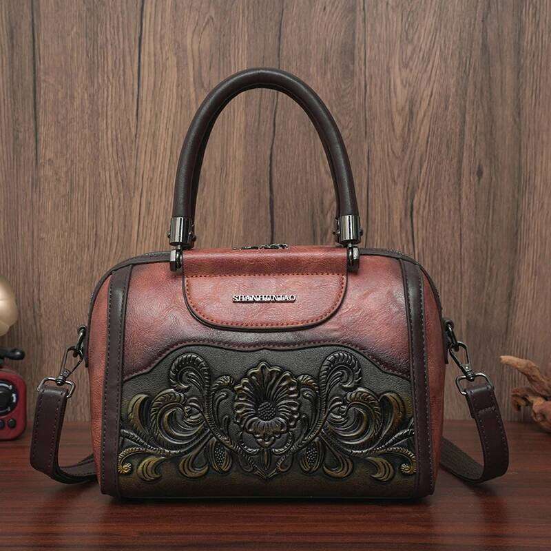 Women Leather Handbag Fashion Emed Top Handle Floral Pattern Design Adjustable Strap Versatile Daily Use Bag