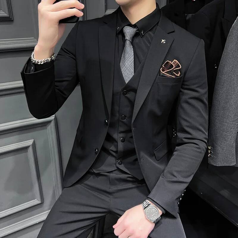 ( Blazer Vest + Pants ) Boutique Fashion Solid Color Men's Slim Casual Business Suit Three-Piece Set Groom Wedding Dress Party
