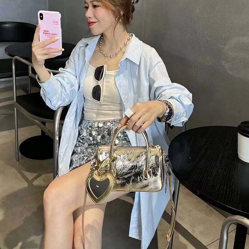 2025 New Fashion Love Heart Mirrior Design Tote Small Cowhide Leather Women's Handbag Sier Luxurious Ladies Shoulder Bag