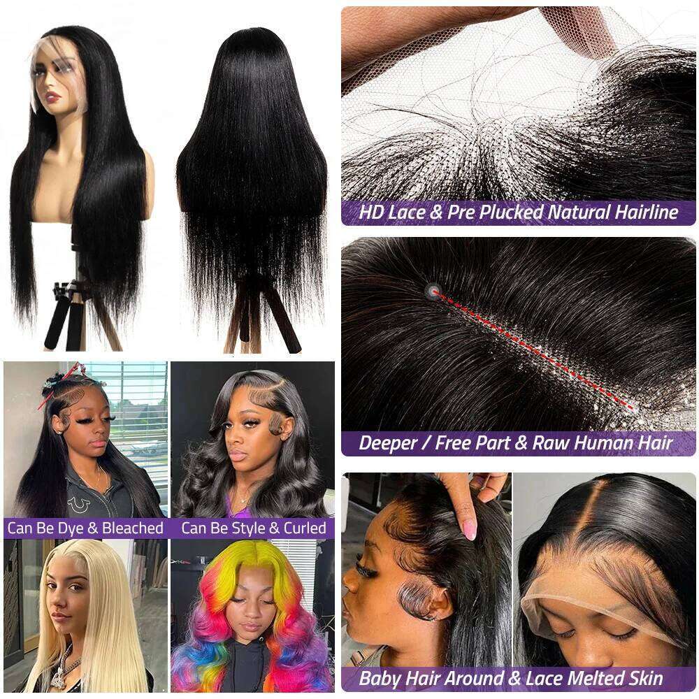 Brazilian 36 Inch Bone Straight Black 13x6 HD Frontal Wigs 5x5 Glueless Lace Closure Ready To Wear Human Hair Wig 360 Full