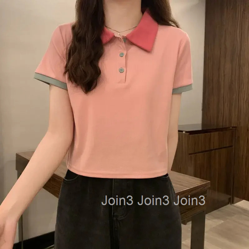 Slim Polo Neck T Shirt for Women Summer Outfit Woman Tshirt Womens Short Sleeve T-shirt Korean Clothing Polyester Trend 2025 In