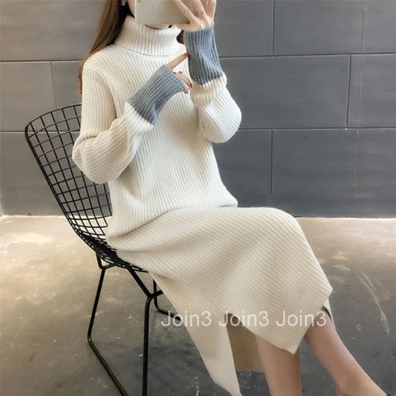 Midi Female Dress Split 2025 Cover Up Knitted Womens Dresses Clothing Crochet Knee Length Offer Elegant Hot Outfits Turtleneck