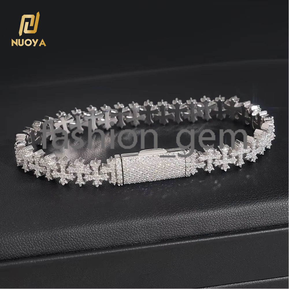 8MM Cross Cuban Chain VVS Moissanite Hip Hop Bracelet 925 Silver for Men and Women Cross Cuban Bracelet for Men and Women