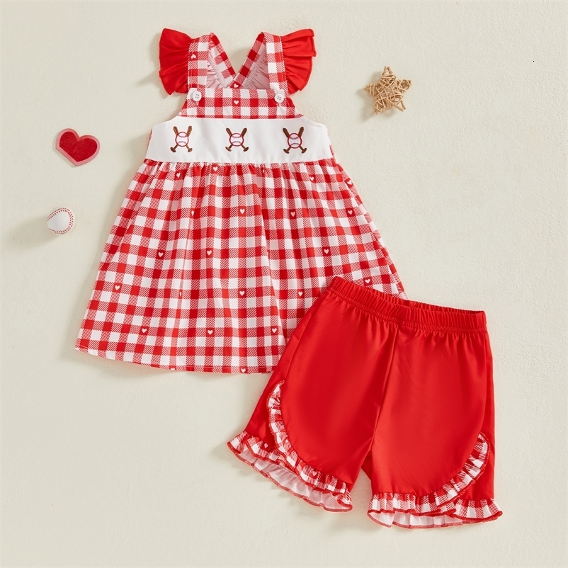 Toddler Little Girl Shorts Set Bow Baseball Plaid Flying Sleeve Babydoll Tops Ruffle Shorts 2 Piece Outfit 250617