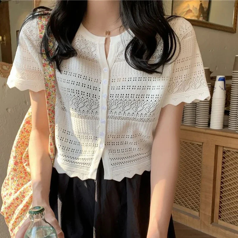 Chic Knitted Hollow Out Tshirts Women Summer Button Up Short Sleeve Crop Tee Woman All Match Round Neck T Shirt Female 250614