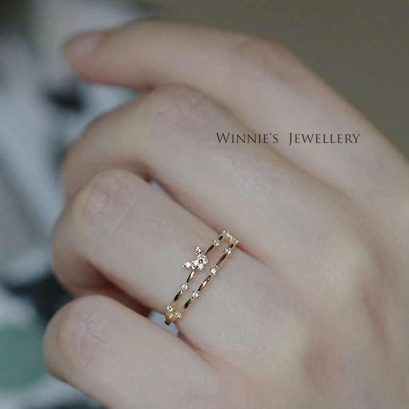 Butterfly Double Layer for Women, Minimalist Style, Light Luxury Sparkling Diamond Ring, Simple Fashion Versatile Niche Design Open Ring