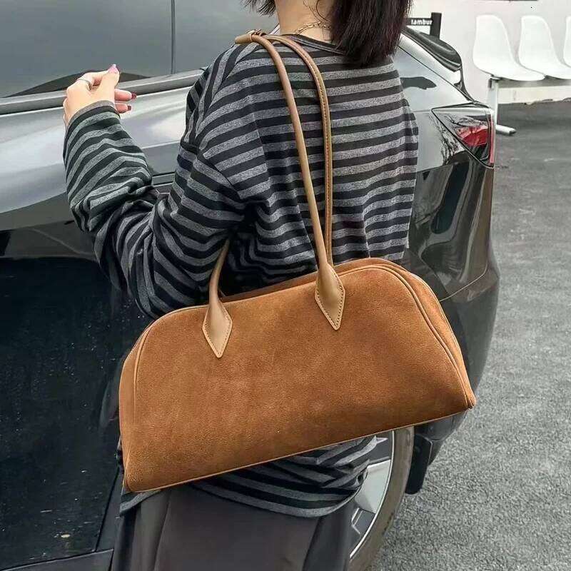 Suede Cowhide Large Capacity Boston Underarm Ladies Brown Women's Fashion Commuter Bowling Frosted Shoulder Bag Coffe Red