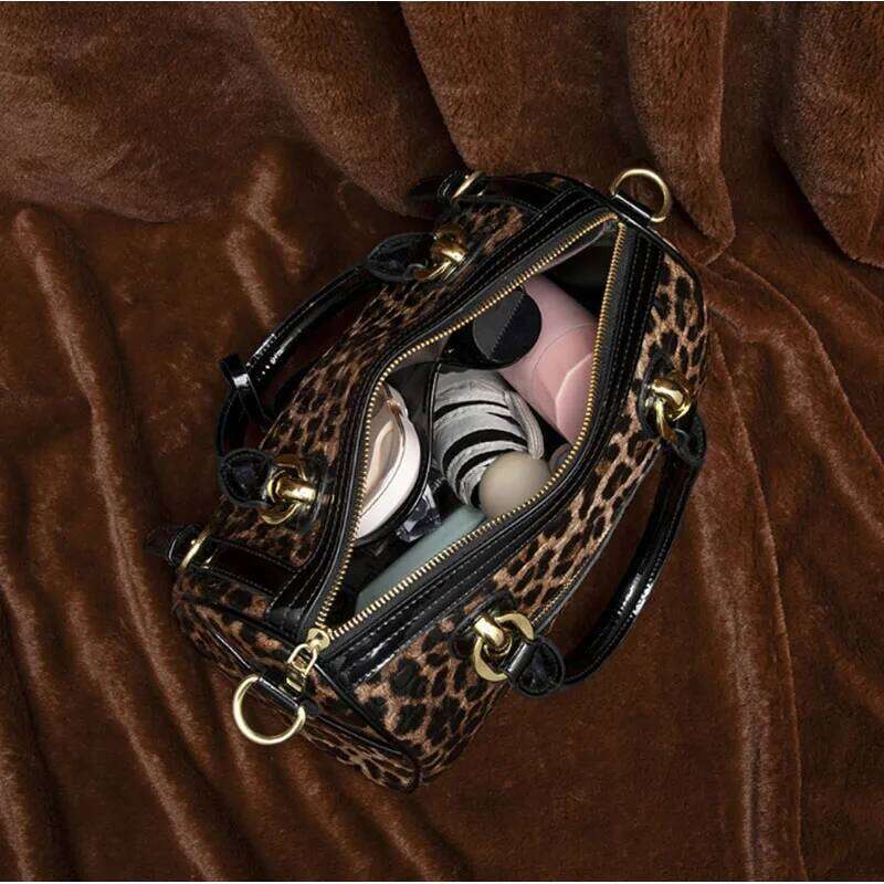 2025 New Crossbody Shoulder Leopard Print Women's Handbag Leather Large Capacity Boston Pillow Bag