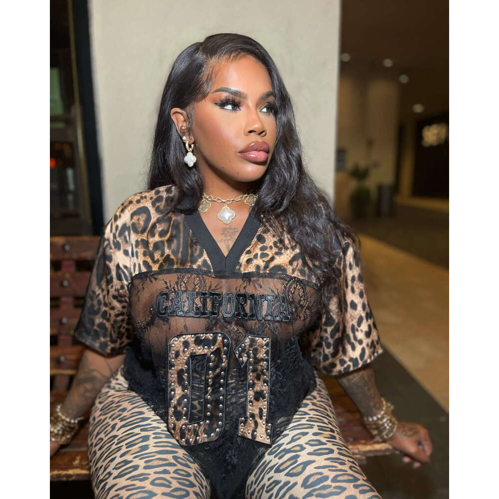 Fashion V-Neck Short Sleeve Lace Leopard Print Patchwork Loose Casual T-Shirt For Women B5