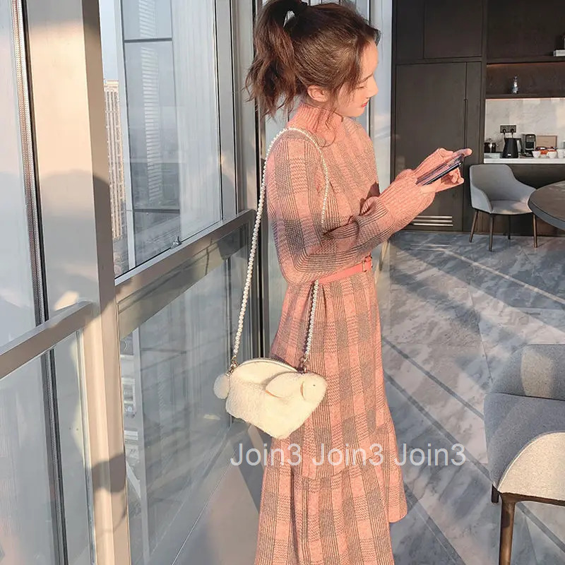 Pink Turtleneck Plaid Knitted Woman Dress Crochet Dresses for Women 2025 Outfits Elegant Party New In Promotion Features Clothes