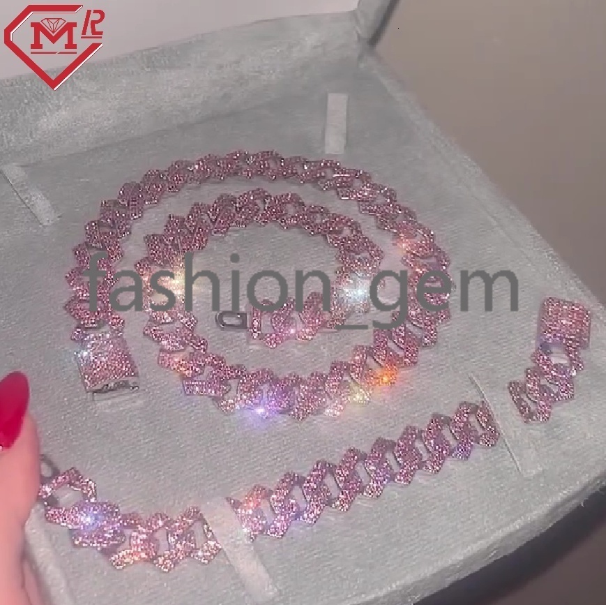 Iced Out Hiphop Cuban Link Chain Pink Stone 15mm Bracelet Necklace 925 Silver Moissanite Cuban Chain