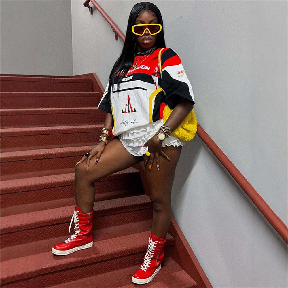 Autumn New Trendy Fashion Printed Motorcycle Style High Street American Short Sleeve Top Color Block T-Shirt For Women B5