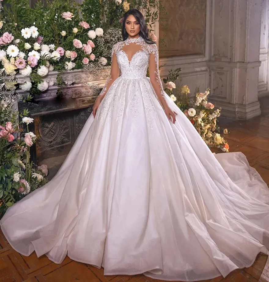 White Wedding Dresses Ivory Bridal Gowns Formal A Line Applique Custom Zipper Lace Up Plus Size New Floor-Length Long Sleeve Illusion High Neck Organz