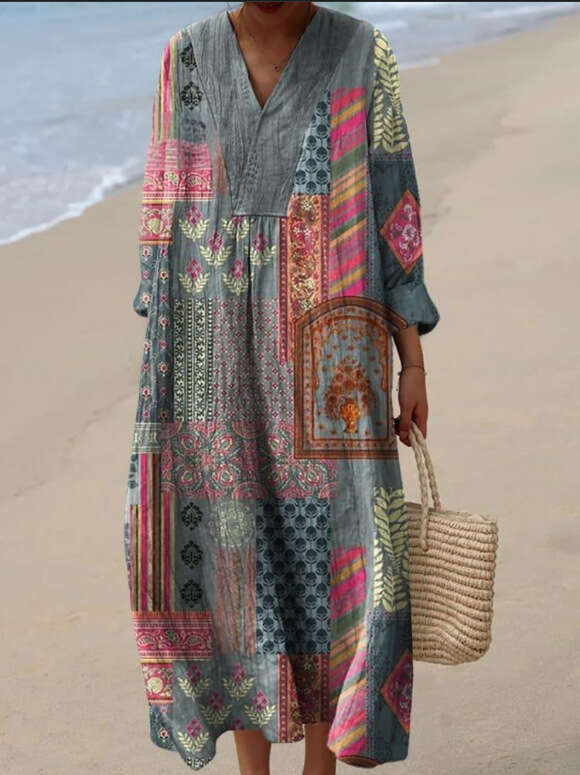 New Autumn Plus Size V-Neck Creative Casual Loose Long Sleeve Dress B5
